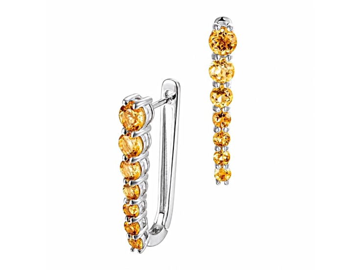 Round Cut Citrine Rhodium Over Sterling Silver U-Hoop Earrings 3.30cttw