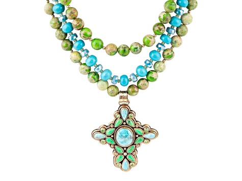 Barse Jewelry Composite Turquoise, Jasper & Magnesite Gold Tone Layered Cross Necklace