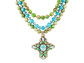 Barse Jewelry Composite Turquoise, Jasper & Magnesite Gold Tone Layered Cross Necklace