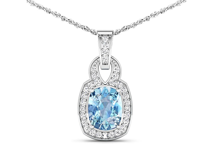 1.65ctw 14K White Gold Aquamarine and White Diamond Pendant with 18 inch Cable Chain