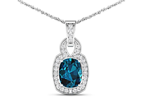 1.95ctw 14K White Gold Blue London Blue Topaz and White Diamond Pendant with 18 inch Cable Chain