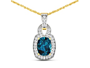 1.95ctw 14K Yellow Gold Blue London Blue Topaz and White Diamond Pendant with 18 inch Cable Chain