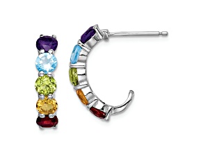 Sterling Silver Rhodium-plated Multi Gemstone J-Hoop Earrings