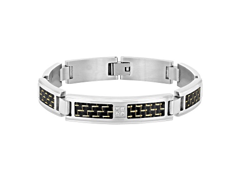 Diamond Accent Stainless Steel Black Carbon Fiber Link Bracelet
