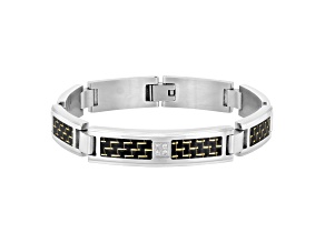Diamond Accent Stainless Steel Black Carbon Fiber Link Bracelet