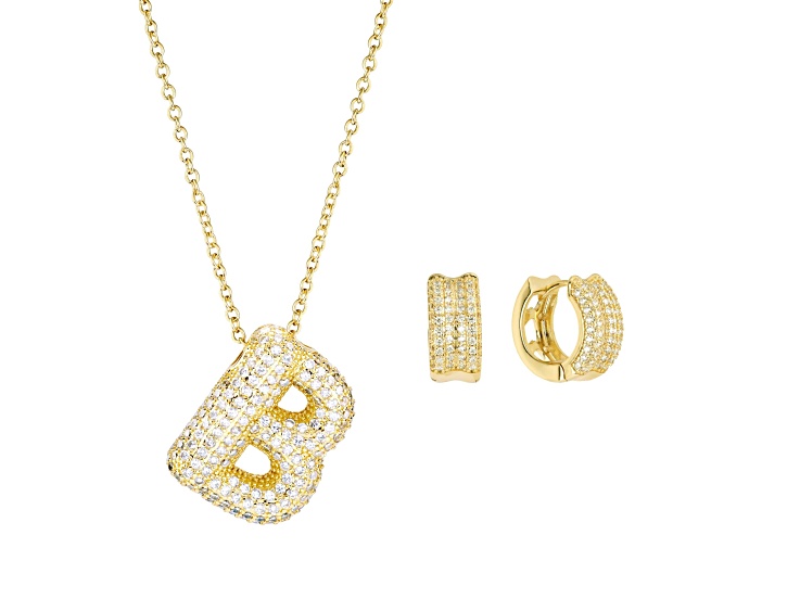 White Cubic Zirconia 14K Yellow Gold Over Brass Bubble Initial "B" Jewelry Set 3.97ctw