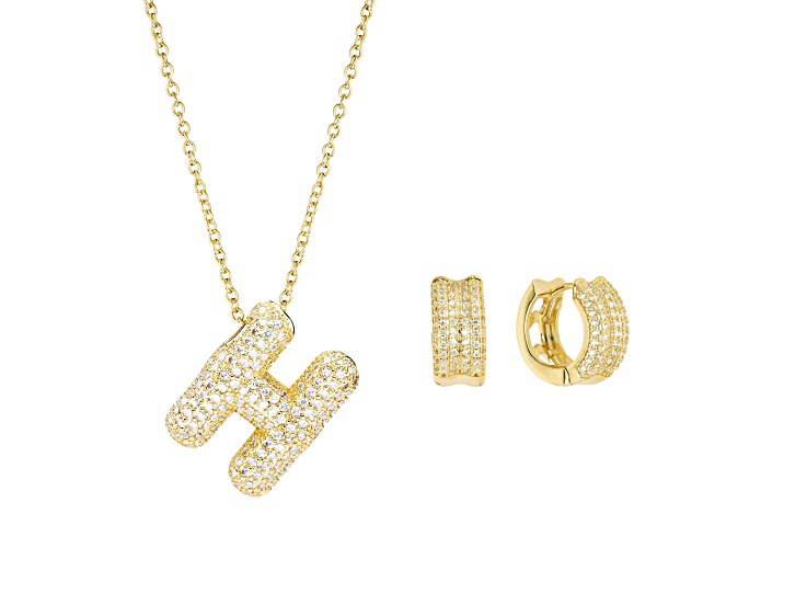 White Cubic Zirconia 14K Yellow Gold Over Brass Bubble Initial "H" Jewelry Set 3.63ctw