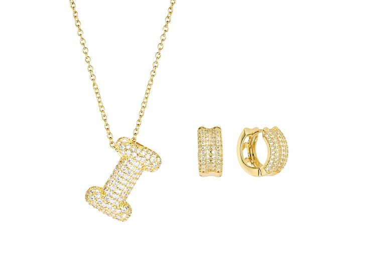 White Cubic Zirconia 14K Yellow Gold Over Brass Bubble Initial "I" Jewelry Set 3.19ctw