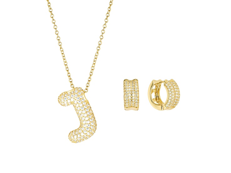 White Cubic Zirconia 14K Yellow Gold Over Brass Bubble Initial "J" Jewelry Set 3.03ctw