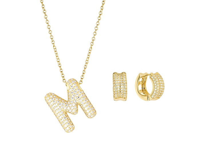 White Cubic Zirconia 14K Yellow Gold Over Brass Bubble Initial "M" Jewelry Set 3.50ctw