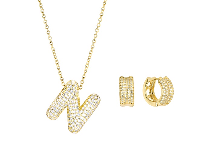 White Cubic Zirconia 14K Yellow Gold Over Brass Bubble Initial "N" Jewelry Set 3.35ctw