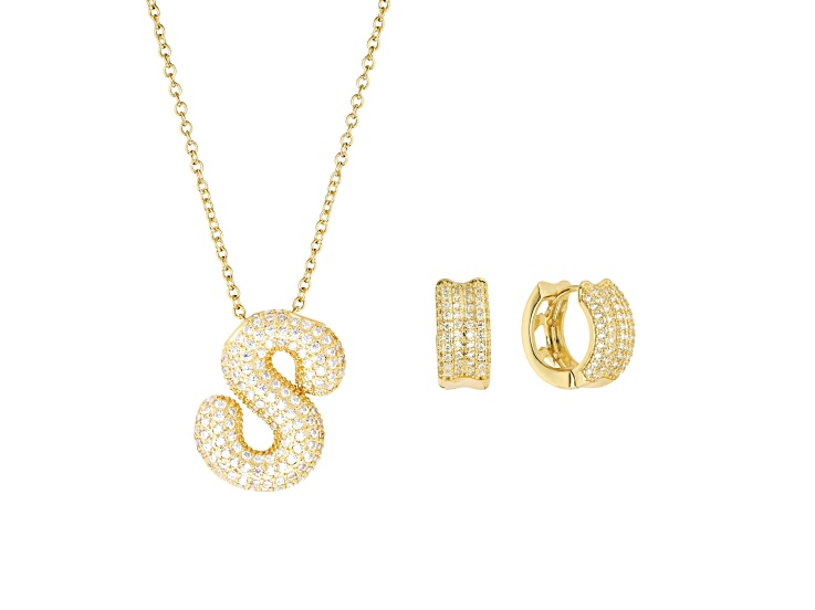 White Cubic Zirconia 14K Yellow Gold Over Brass Bubble Initial "S" Jewelry Set 3.43ctw