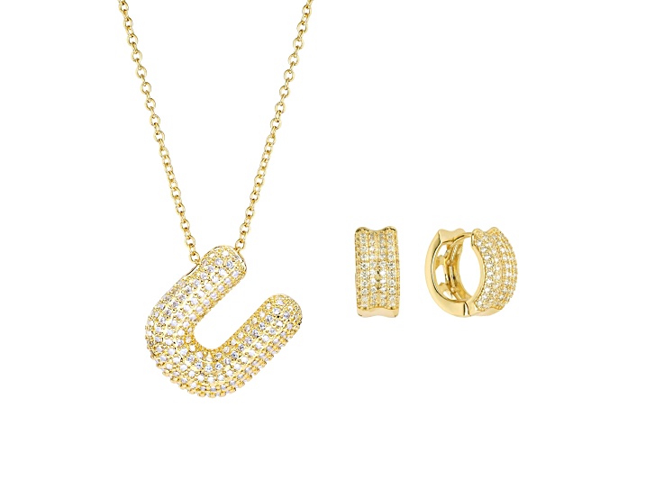 White Cubic Zirconia 14K Yellow Gold Over Brass Bubble Initial "U" Jewelry Set 3.67ctw