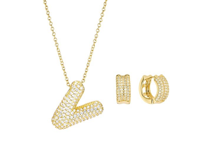 White Cubic Zirconia 14K Yellow Gold Over Brass Bubble Initial "V" Jewelry Set 3.37ctw