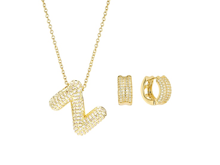 White Cubic Zirconia 14K Yellow Gold Over Brass Bubble Initial "Z" Jewelry Set 3.30ctw