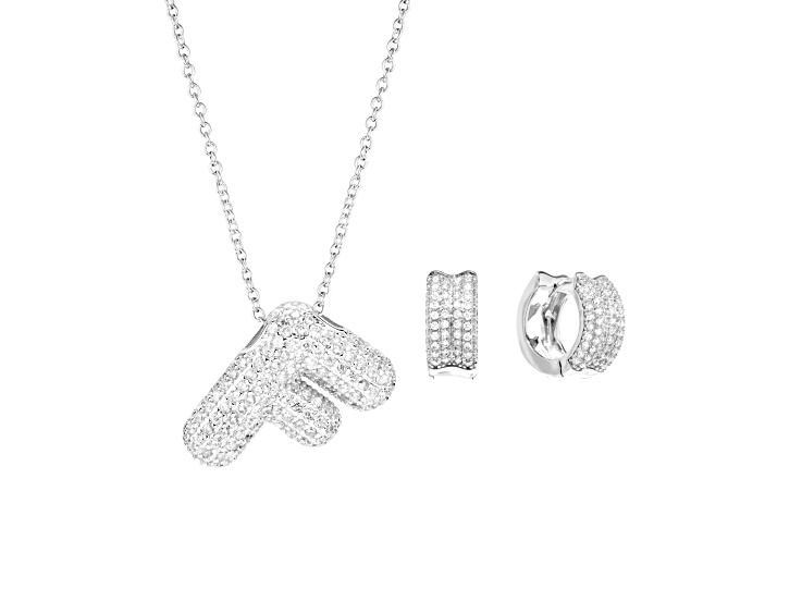 White Cubic Zirconia Fine Silver Plating Over Brass Bubble Initial "F" Jewelry Set 3.17ctw