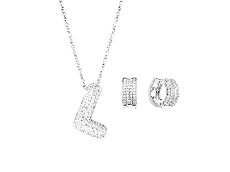 White Cubic Zirconia Fine Silver Plating Over Brass Bubble Initial "L" Jewelry Set 2.93ctw