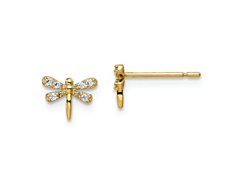 14K Yellow Gold Cubic Zirconia Dragonfly Post Earrings