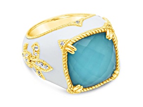 Judith Ripka 13x13mm Turqouise Simulant And Bella Luce 14k Gold Clad Ring