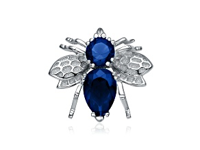 Sapphire Blue Cubic Zirconia, Rhodium Plated over Sterling Silver Bee Pin
