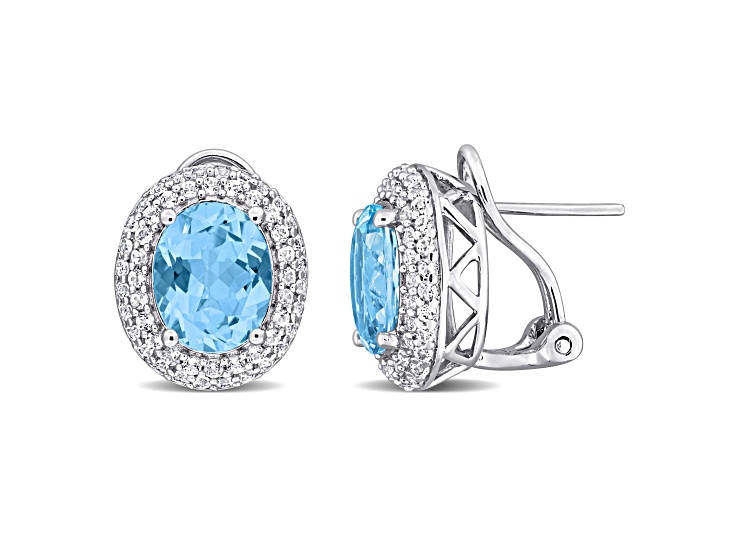 Sky Blue Topaz and White Topaz Sterling Silver Double Halo Earrings 7.80ctw
