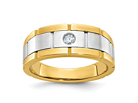 10K Two-tone Yellow and White Gold Men's Polished, Satin and Grooved Diamond Ring 0.10ct