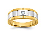 10K Two-tone Yellow and White Gold Men's Polished, Satin and Grooved Diamond Ring 0.10ct