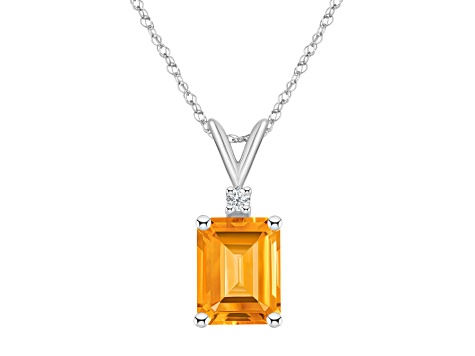 9x7mm Emerald Cut Citrine with Diamond Accent 14k White Gold Pendant With Chain