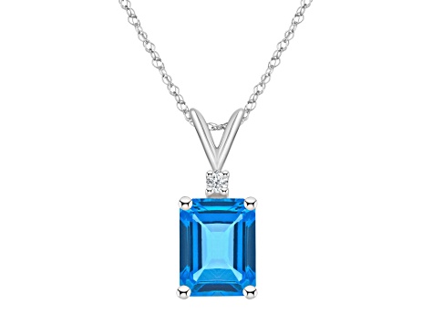 9x7mm Emerald Cut Blue Topaz with Diamond Accent 14k White Gold Pendant With Chain
