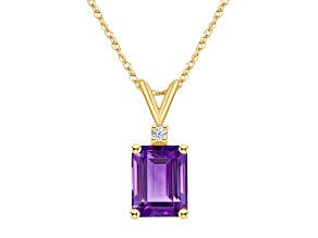 9x7mm Emerald Cut Amethyst with Diamond Accent 14k Yellow Gold Pendant With Chain