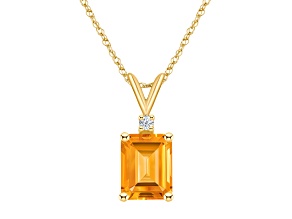 9x7mm Emerald Cut Citrine with Diamond Accent 14k Yellow Gold Pendant With Chain