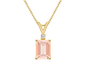 9x7mm Emerald Cut Morganite with Diamond Accent 14k Yellow Gold Pendant With Chain