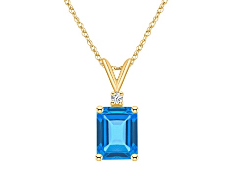 9x7mm Emerald Cut Blue Topaz with Diamond Accent 14k Yellow Gold Pendant With Chain