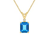9x7mm Emerald Cut Blue Topaz with Diamond Accent 14k Yellow Gold Pendant With Chain