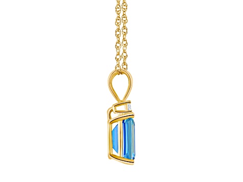 9x7mm Emerald Cut Blue Topaz with Diamond Accent 14k Yellow Gold Pendant With Chain