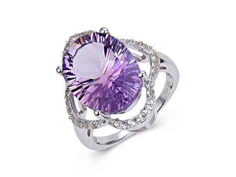 Concave Cut Oval Amethyst with White Topaz Accents Sterling Silver Ring, 8.26ctw