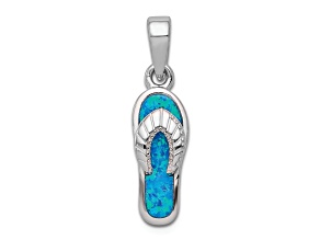 Rhodium Over Sterling Silver Lab Created Blue Inlay Opal Sandal Pendant