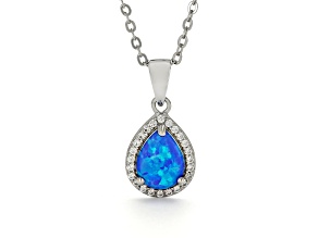 Teardrop Shape Lab Created Blue Opal with Cubic Zirconia Accents Necklace