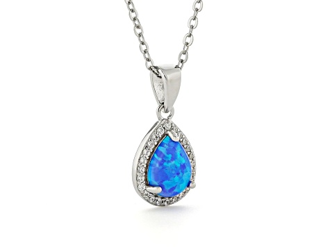 Teardrop Shape Lab Created Blue Opal with Cubic Zirconia Accents Necklace