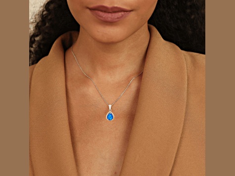Teardrop Shape Lab Created Blue Opal with Cubic Zirconia Accents Necklace