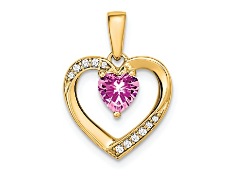 14k Yellow Gold Lab Created Pink Sapphire and Diamond Heart Pendant