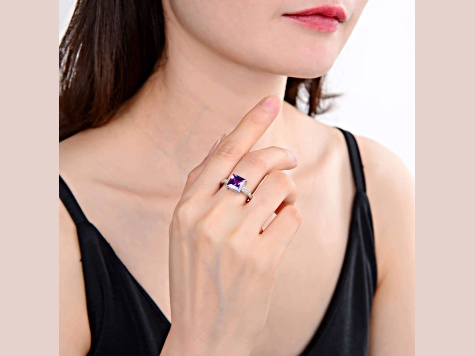 Princess Cut Lab Created Purple Sapphire with White Topaz Accents Sterling Silver Ring, 3.63ctw