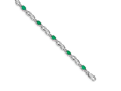 Rhodium Over 14k White Gold Diamond and Emerald Bracelet