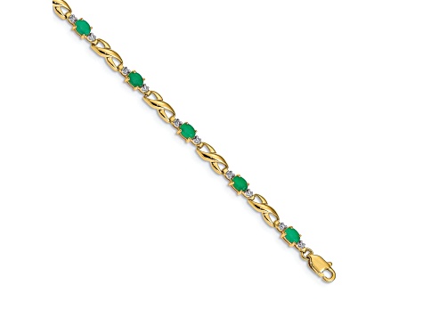 14k Yellow Gold and Rhodium Over 14k Yellow Gold Diamond and Oval Emerald Bracelet