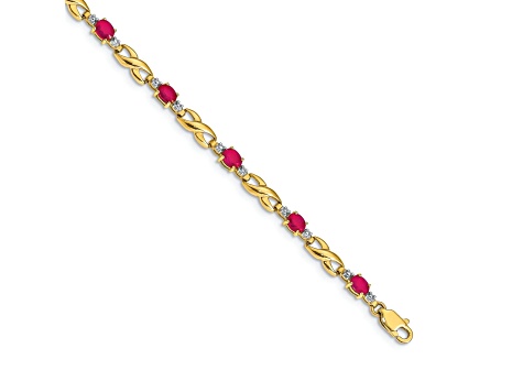 14k Yellow Gold and Rhodium Over 14k Yellow Gold Diamond and Oval Ruby Bracelet