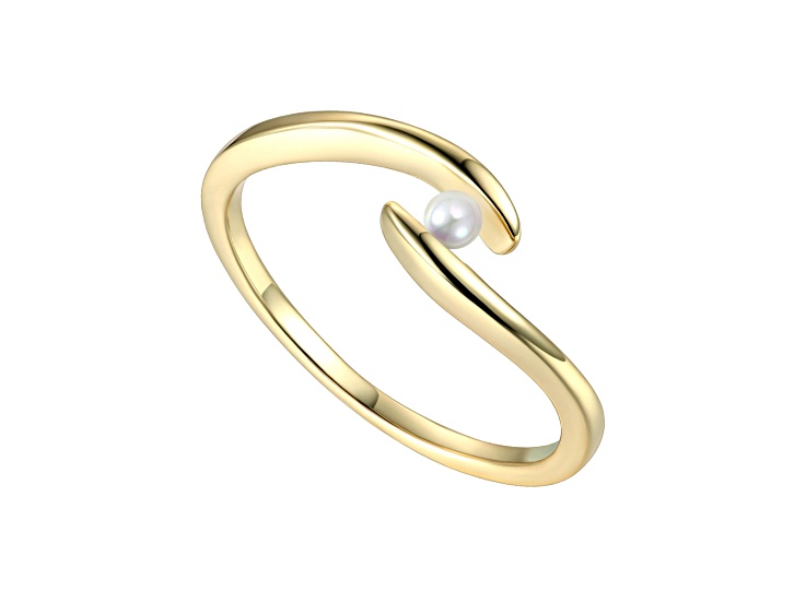White Genuine Freshwater Pearl, 14K Yellow Gold Plated over Sterling Silver Ocean Wave Stacking Ring