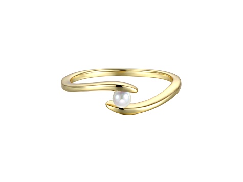 White Genuine Freshwater Pearl, 14K Yellow Gold Plated over Sterling Silver Ocean Wave Stacking Ring