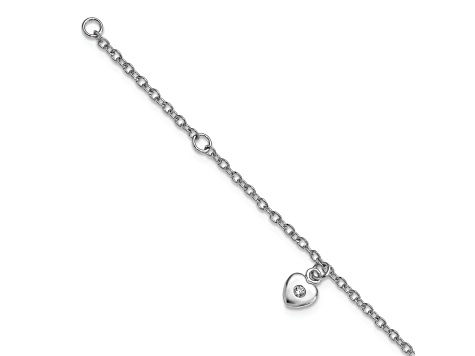 Rhodium Over Sterling Silver  Cubic Zirconia Heart with 1-inch Extension Bracelet
