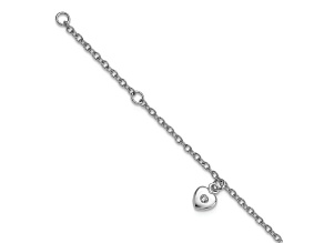 Rhodium Over Sterling Silver  Cubic Zirconia Heart with 1-inch Extension Bracelet