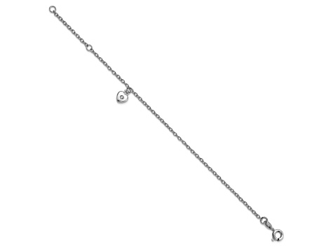 Rhodium Over Sterling Silver  Cubic Zirconia Heart with 1-inch Extension Bracelet